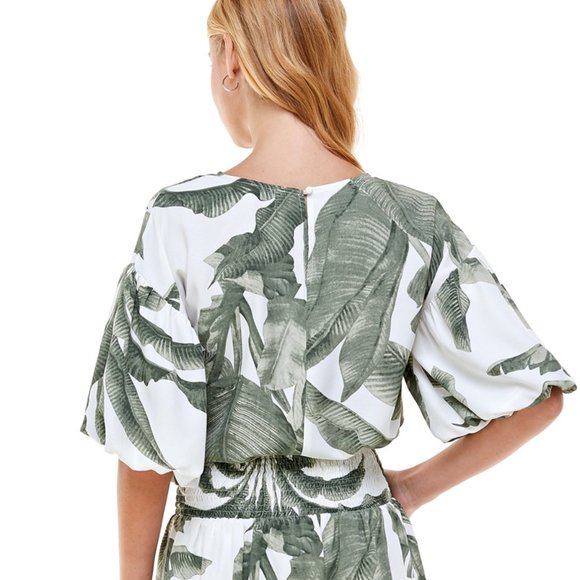 TCEC | NWOT |  Bubble Sleeves Palm Tree Top | S | Green - Picture 5 of 5